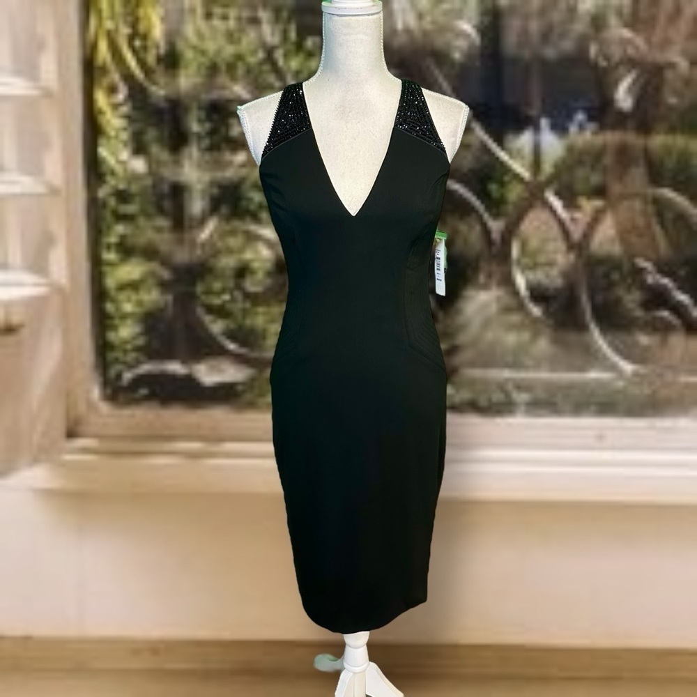 NWT Badgley Mischka Collection Black Beaded, Lace-Up Back V-Neck Midi Dress Sz 2